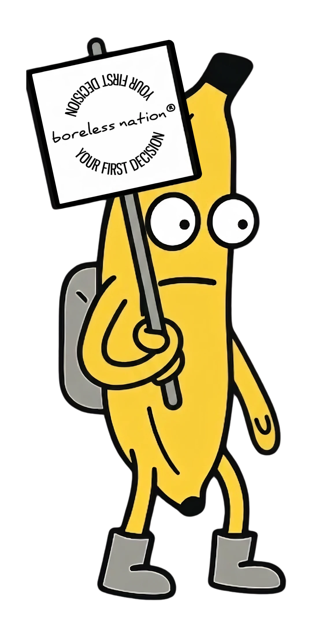 Personaje plátano de Boreless Nation sosteniendo una pancarta